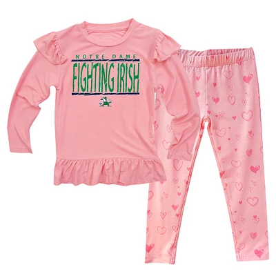 Infant Wes & Willy Pink Notre Dame Fighting Irish Heart Print Ruffle Long Sleeve T-Shirt and Pants Sleep Set