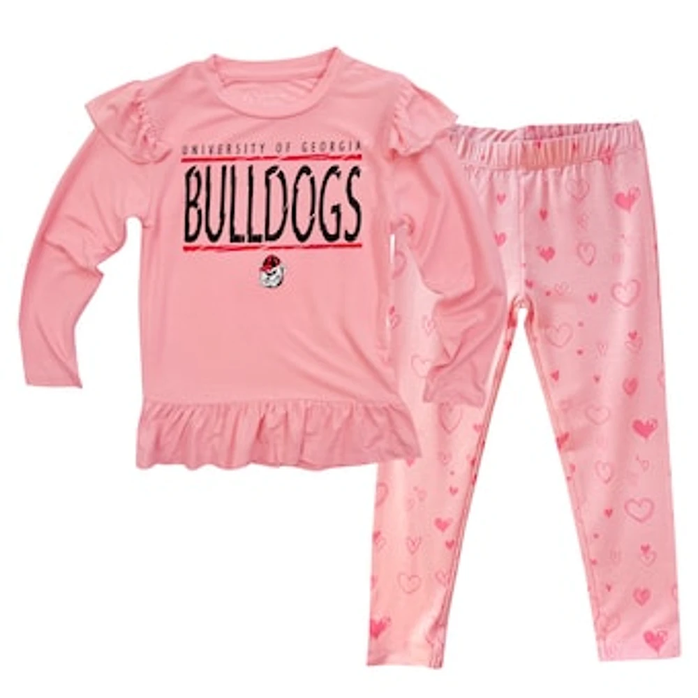 Infant Wes & Willy Pink Georgia Bulldogs Heart Print Ruffle Long Sleeve T-Shirt and Pants Sleep Set