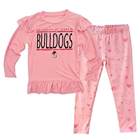 Infant Wes & Willy Pink Georgia Bulldogs Heart Print Ruffle Long Sleeve T-Shirt and Pants Sleep Set