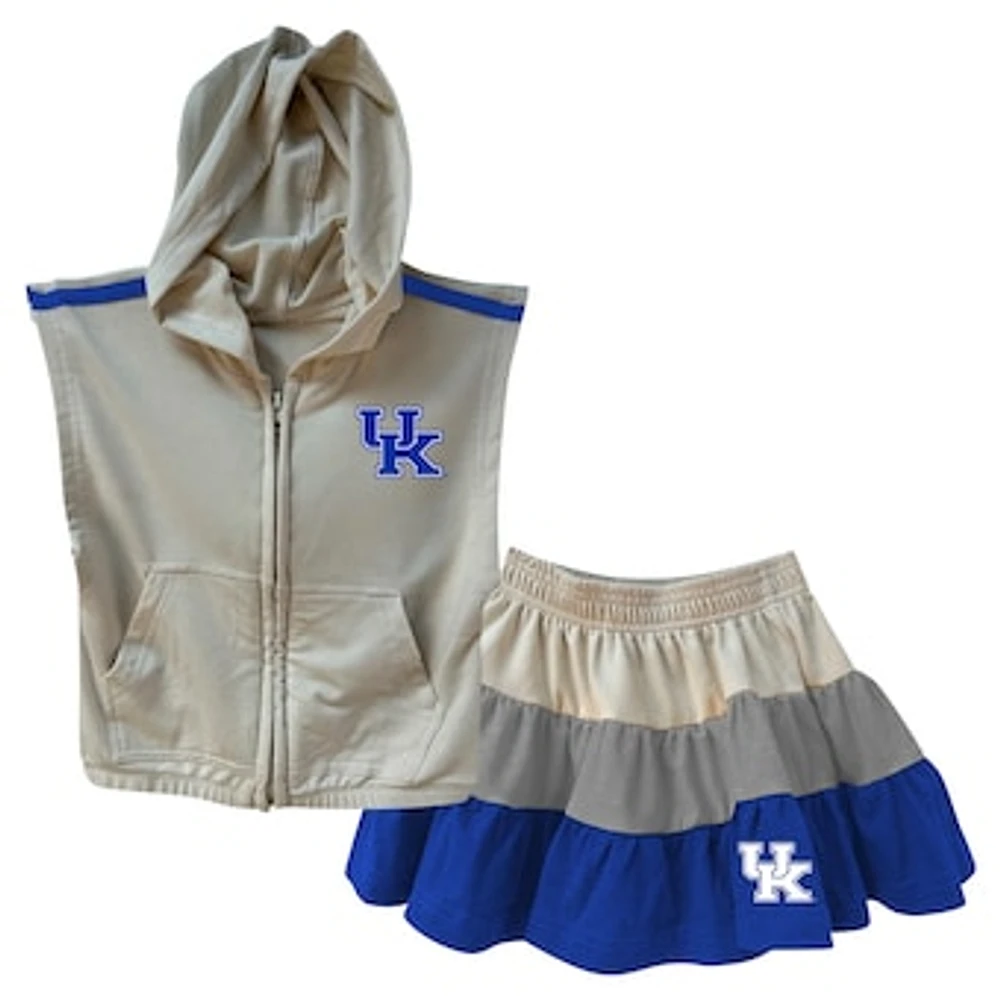 Girls Toddler Wes & Willy Tan Kentucky Wildcats Tri-Blend Sleeveless Full-Zip Hoodie Tiered Skirt Set