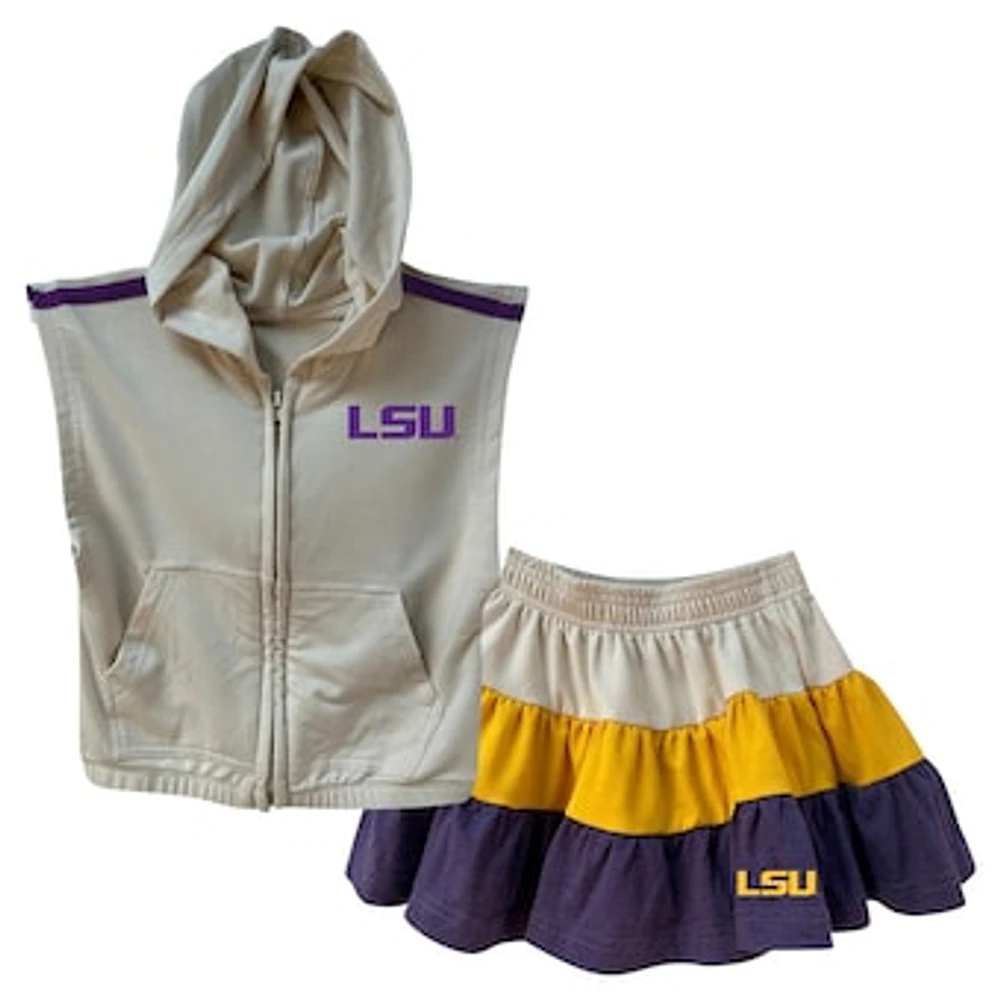 Girls Toddler Wes & Willy Tan LSU Tigers Tri-Blend Sleeveless Full-Zip Hoodie Tiered Skirt Set