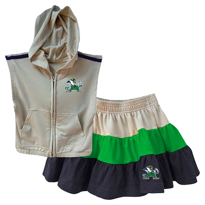 Girls Toddler Wes & Willy Tan Notre Dame Fighting Irish Tri-Blend Sleeveless Full-Zip Hoodie Tiered Skirt Set