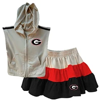 Girls Toddler Wes & Willy Tan Georgia Bulldogs Tri-Blend Sleeveless Full-Zip Hoodie Tiered Skirt Set