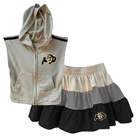 Girls Toddler Wes & Willy Tan Colorado Buffaloes Tri-Blend Sleeveless Full-Zip Hoodie Tiered Skirt Set