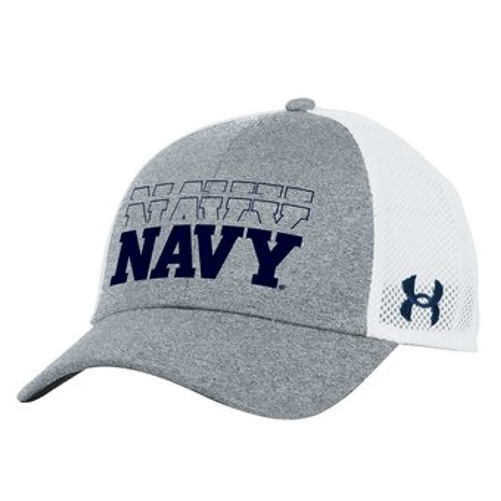 Men's Under Armour  Heather Gray Navy Midshipmen 2024 Sideline Blitzing Trucker Adjustable Hat