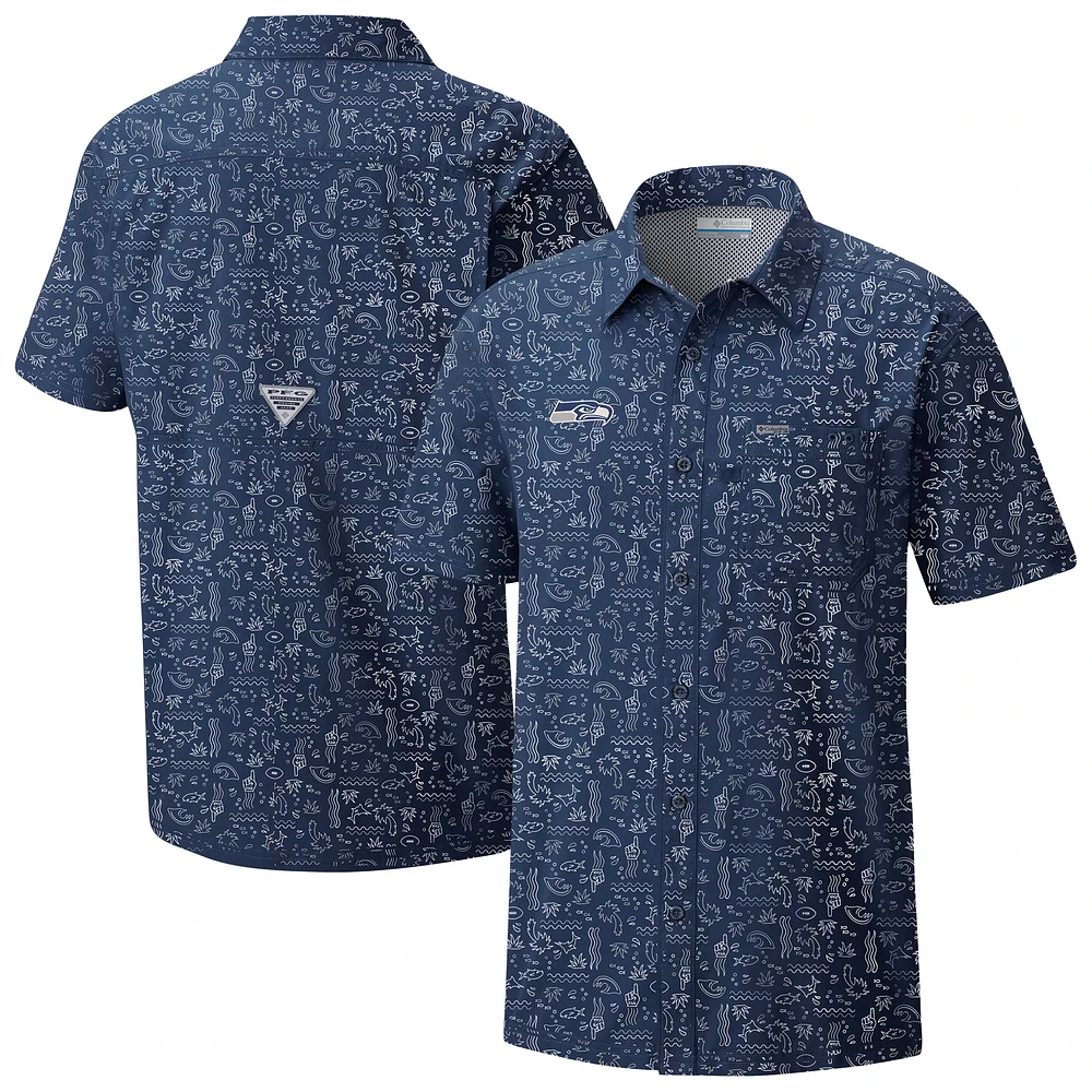 Men's Columbia PFG College Navy Seattle Seahawks Super Slack Tide Omni-Wick Button-Up Shirt