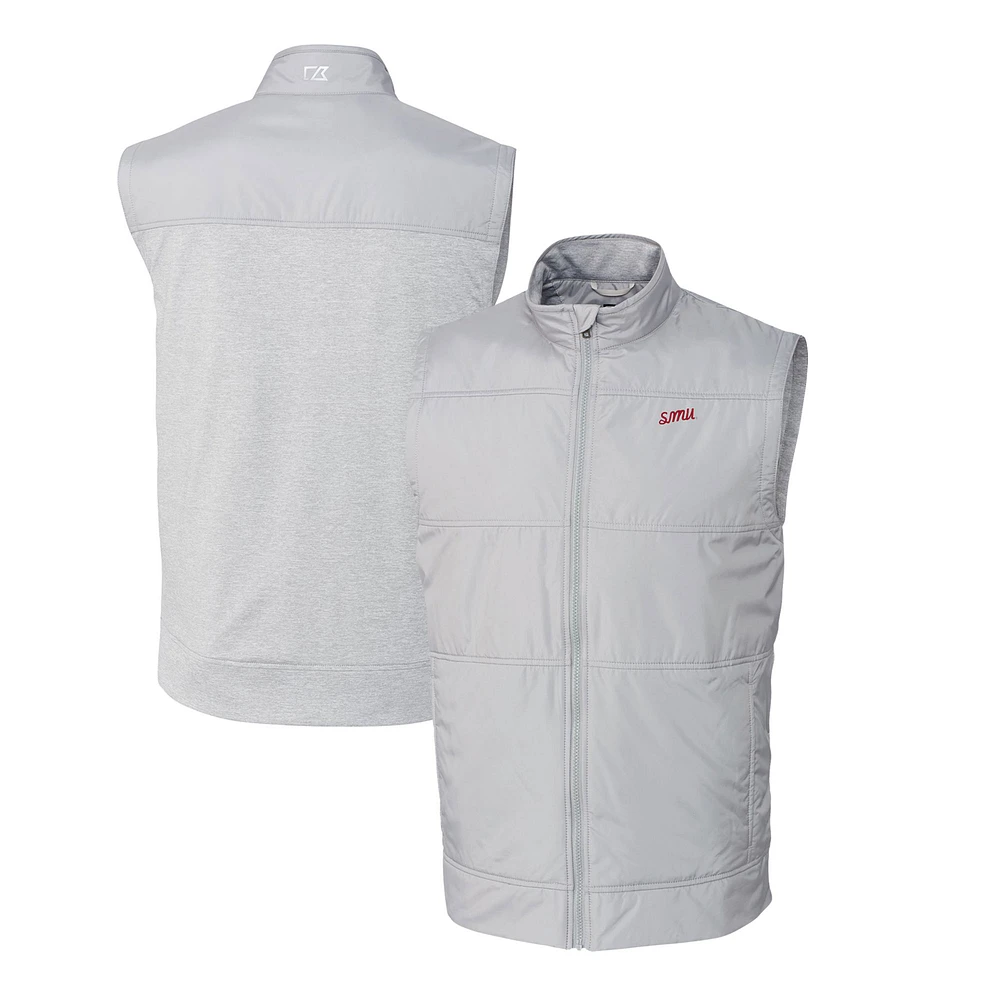 Men's Cutter & Buck Gray SMU Mustangs Big Tall Stealth Hybrid Quilted Full-Zip DryTec Windbreaker Vest