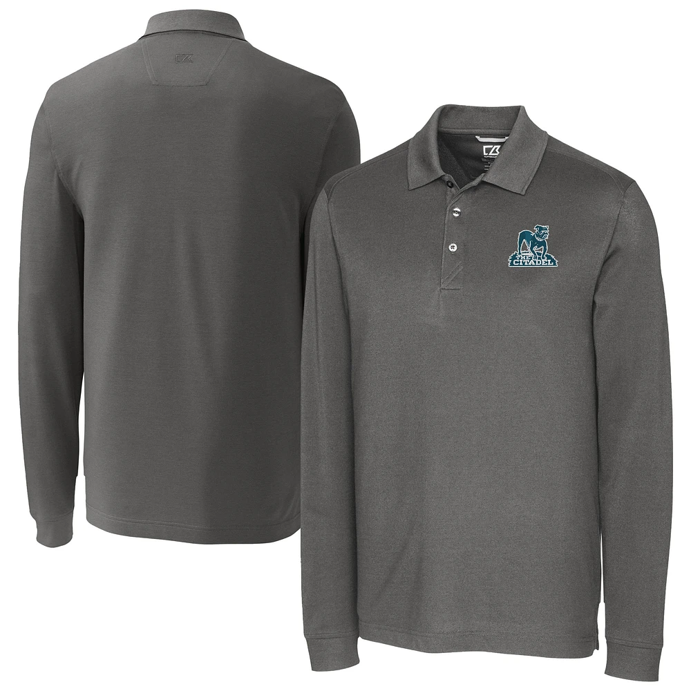 Men's Cutter & Buck Gray Citadel Bulldogs Big Tall Tri-Blend Pique Long Sleeve DryTec Polo