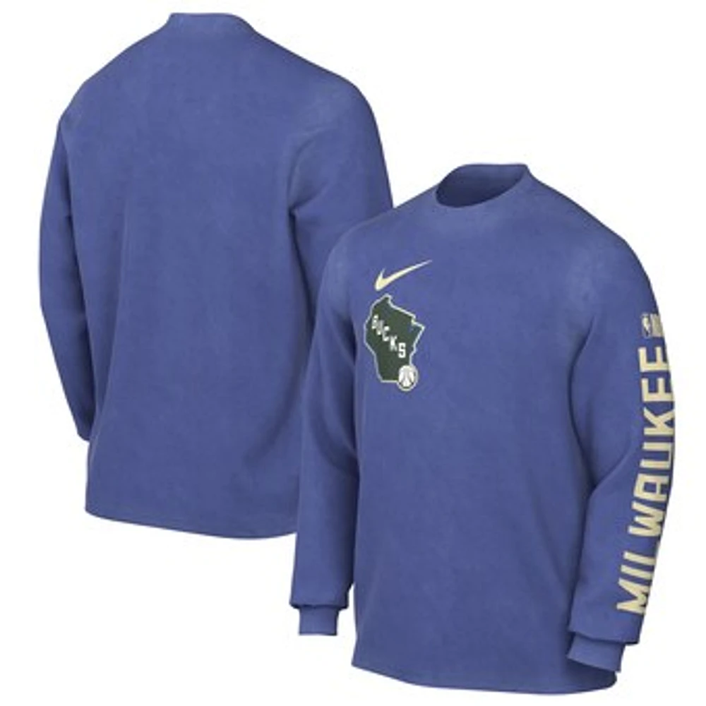 Men's Nike Royal Milwaukee Bucks 2024/25 City Edition Courtside Max90 Heavyweight Long Sleeve T-Shirt