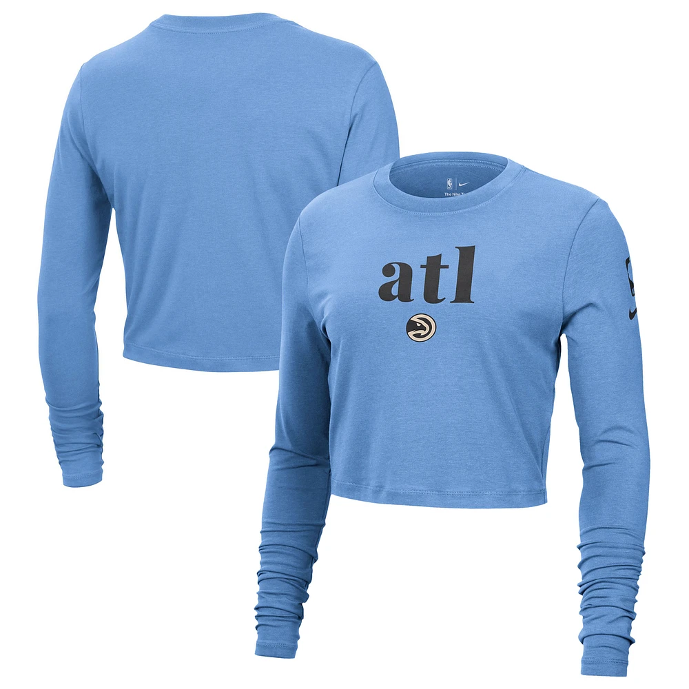 Women's Nike Light Blue Atlanta Hawks 2024/25 City Edition Essential Logo Slim Fit Long Sleeve Cropped T-Shirt