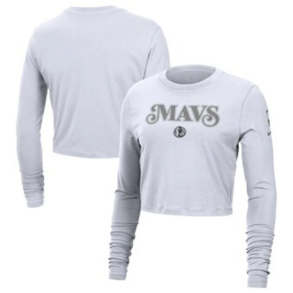 Women's Nike White Dallas Mavericks 2024/25 City Edition Essential Logo Slim Fit Long Sleeve Cropped T-Shirt