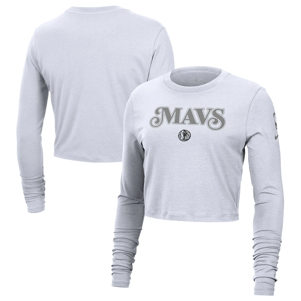 Women's Nike White Dallas Mavericks 2024/25 City Edition Essential Logo Slim Fit Long Sleeve Cropped T-Shirt