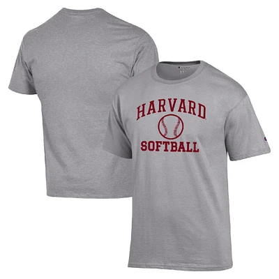 Men's Champion  Gray Harvard Crimson Icon Softball Powerblend T-Shirt