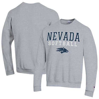 Men's Champion  Gray Nevada Wolf Pack Stack Logo Softball Powerblend Pullover Sweatshirt