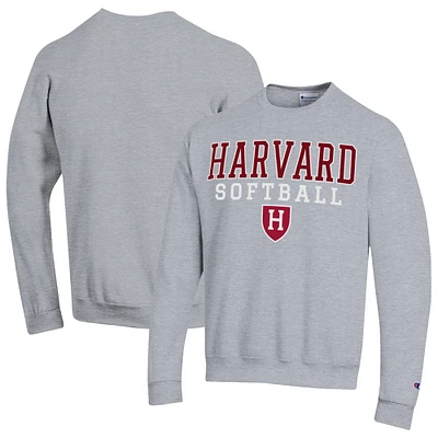 Men's Champion  Gray Harvard Crimson Stack Logo Softball Powerblend Pullover Sweatshirt