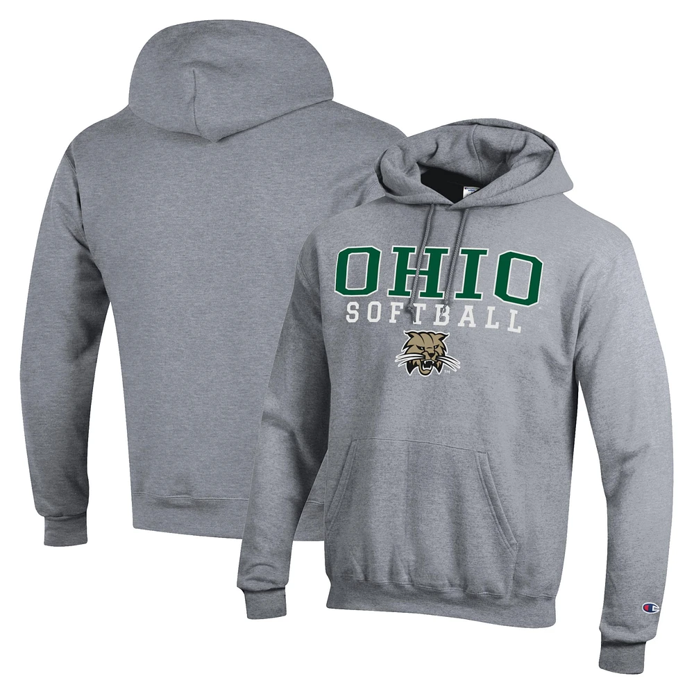 Men's Champion  Gray Ohio Bobcats Stack Logo Softball Powerblend Pullover Hoodie