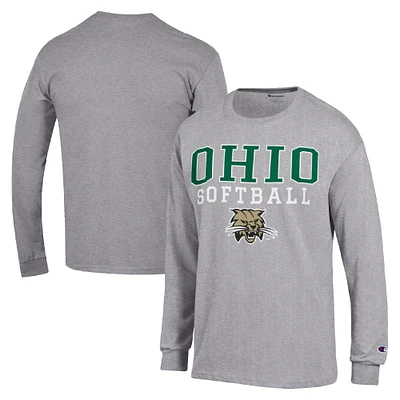 Men's Champion  Gray Ohio Bobcats Stack Logo Softball Powerblend Long Sleeve T-Shirt