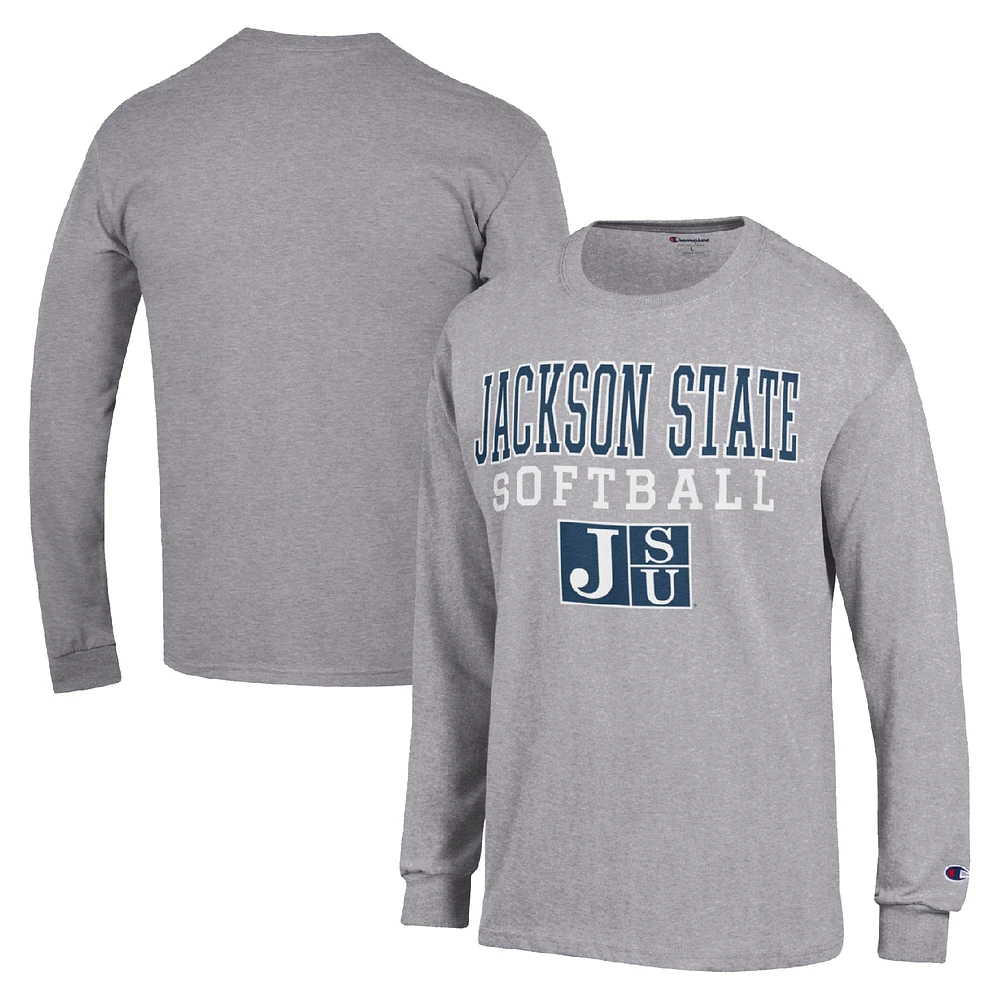Men's Champion Gray Jackson State Tigers Stack Logo Softball Powerblend Long Sleeve T-Shirt