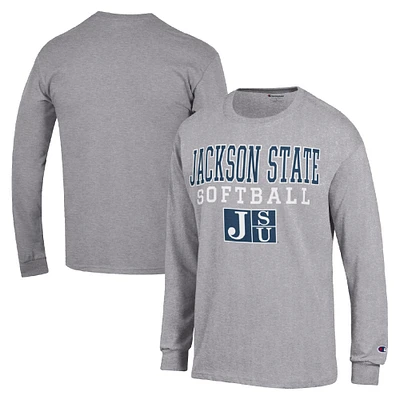 Men's Champion  Gray Jackson State Tigers Stack Logo Softball Powerblend Long Sleeve T-Shirt