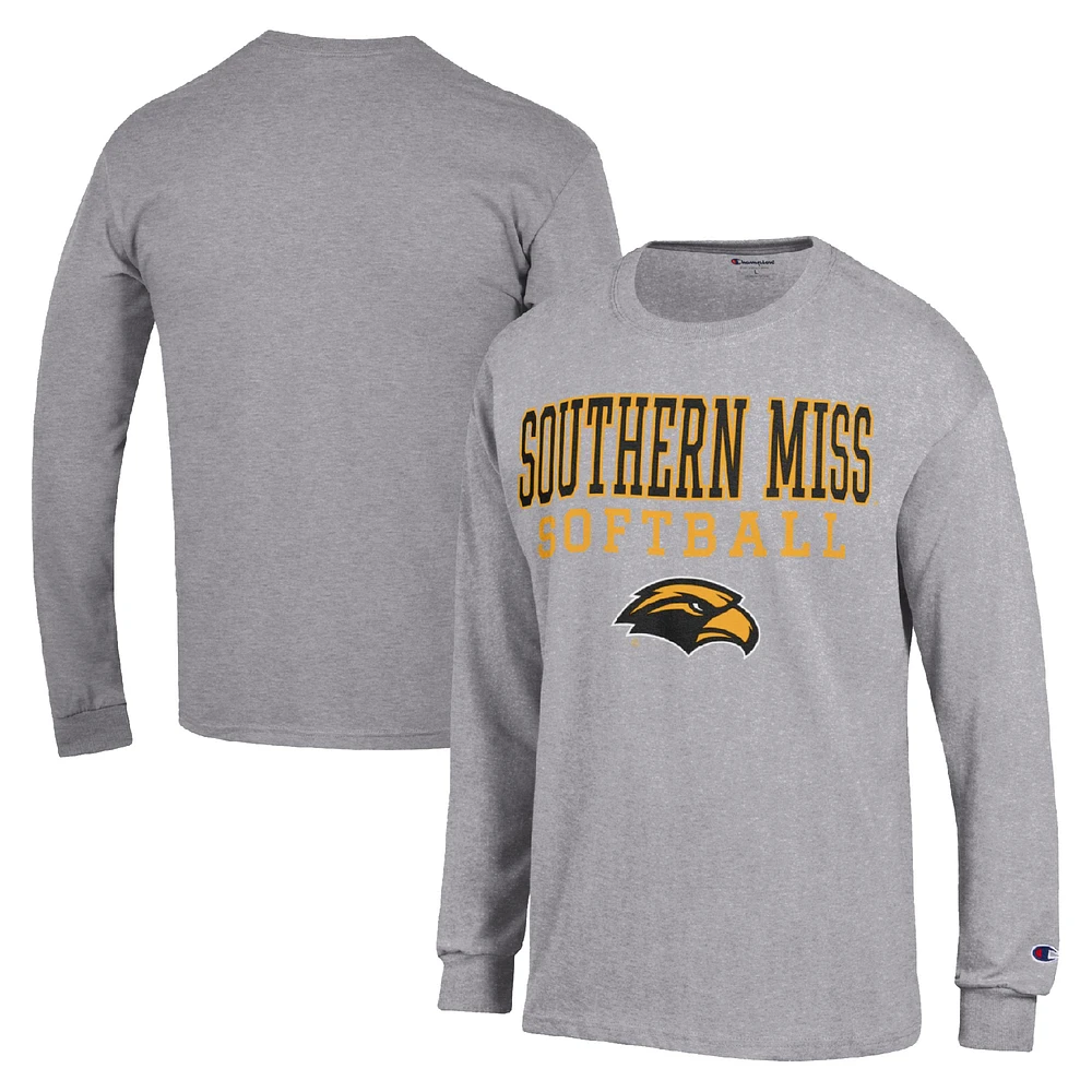 Men's Champion Gray Southern Miss Golden Eagles Stack Logo Softball Powerblend Long Sleeve T-Shirt