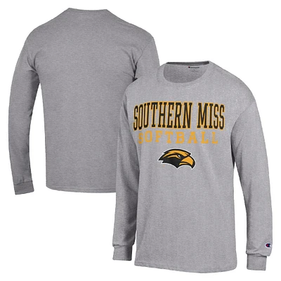 Men's Champion  Gray Southern Miss Golden Eagles Stack Logo Softball Powerblend Long Sleeve T-Shirt