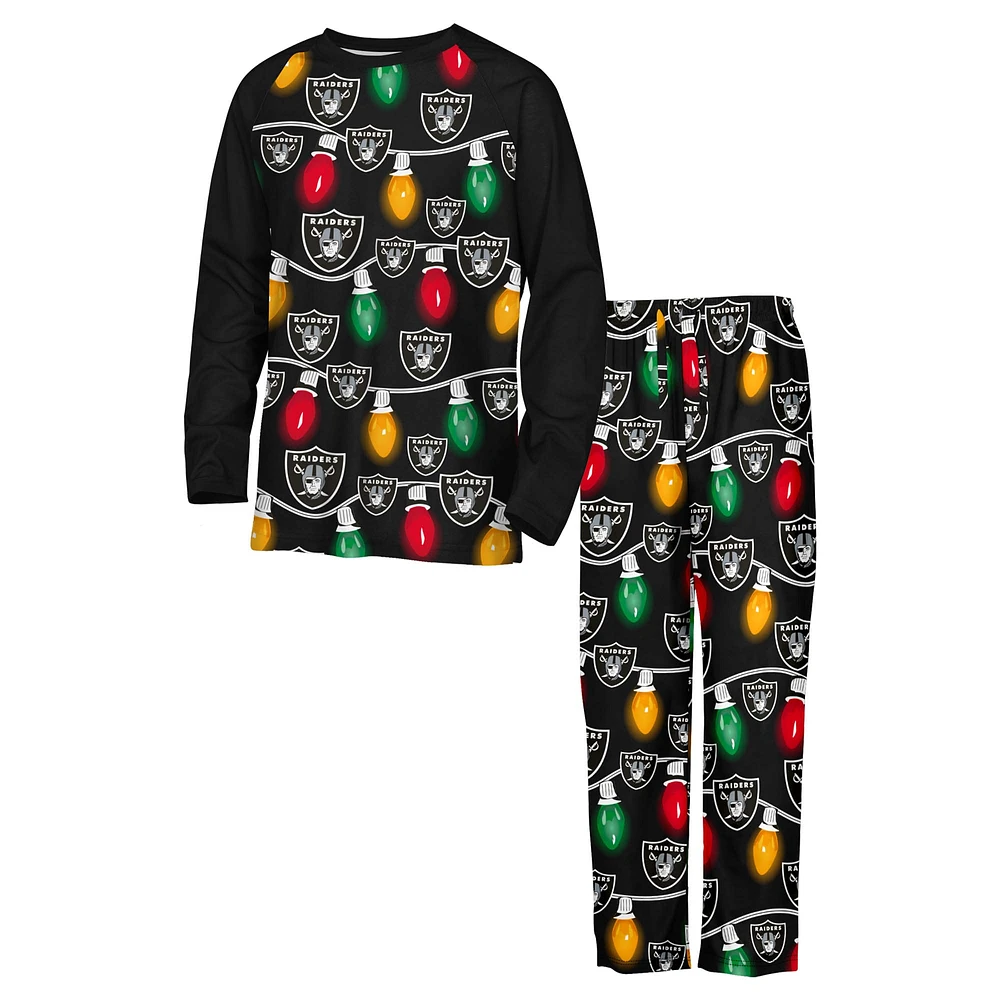 Youth Las Vegas Raiders Two-Piece Garland Holiday Long Sleeve Pajama Set