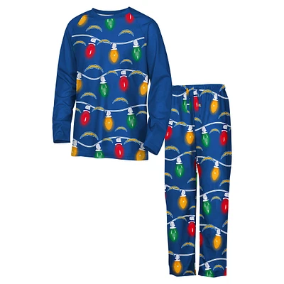 Youth Los Angeles Chargers Two-Piece Garland Holiday Long Sleeve Pajama Set