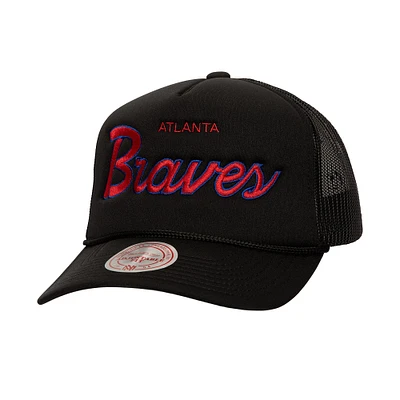 Men's Mitchell & Ness Black Atlanta Braves Script Trucker Adjustable Hat