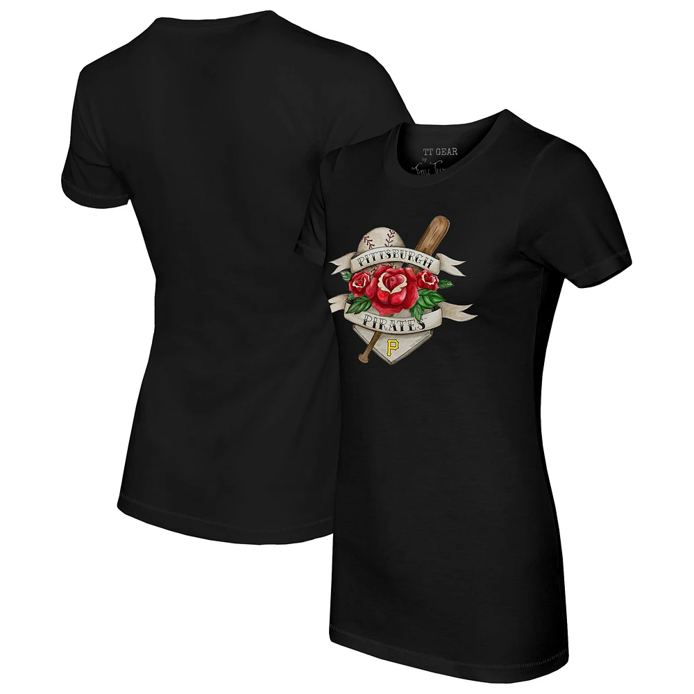 Women's Tiny Turnip Black Pittsburgh Pirates American Traditional Rose T-Shirt