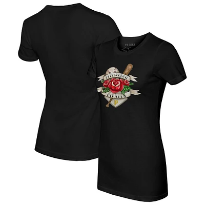 Women's Tiny Turnip  Black Pittsburgh Pirates American Traditional Rose T-Shirt