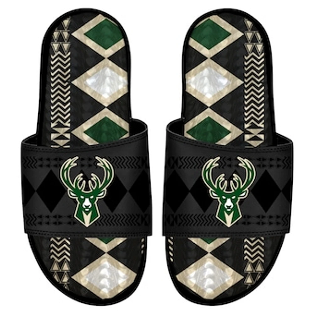 Men's ISlide Black Milwaukee Bucks Shooting Touch Rwanda Pattern Gel Slide Sandals