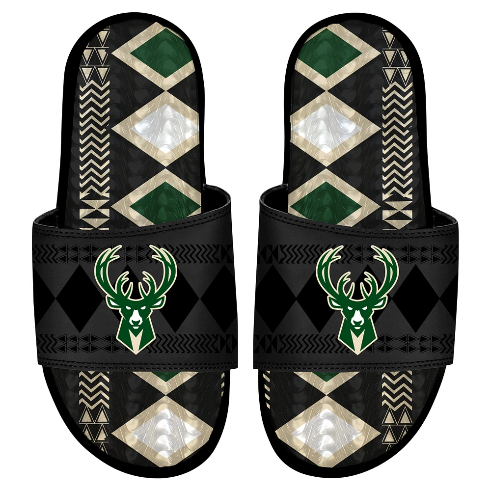 Men's ISlide Black Milwaukee Bucks Shooting Touch Rwanda Pattern Gel Slide Sandals