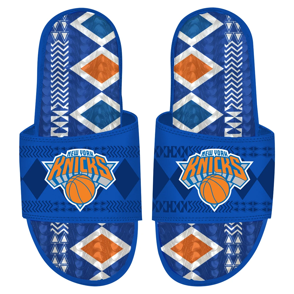 Men's ISlide Blue New York Knicks Shooting Touch Rwanda Pattern Gel Slide Sandals