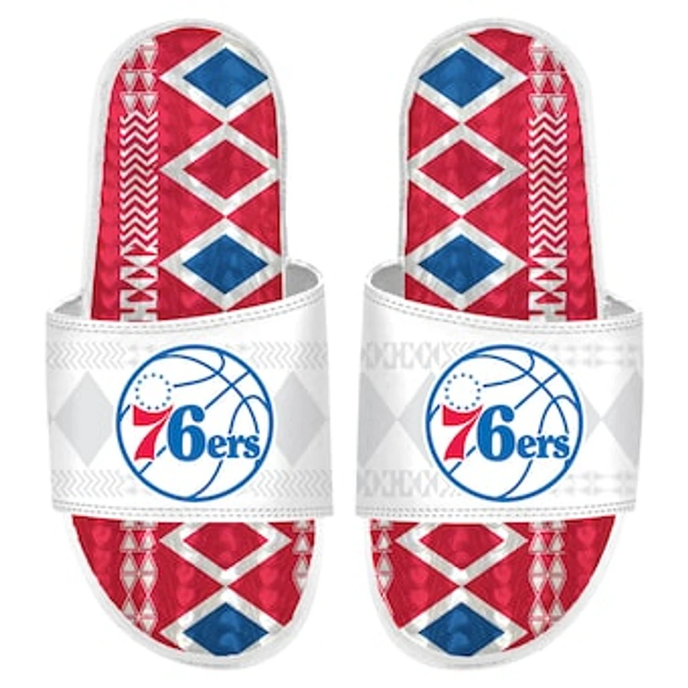 Men's ISlide White Philadelphia 76ers Shooting Touch Rwanda Pattern Gel Slide Sandals