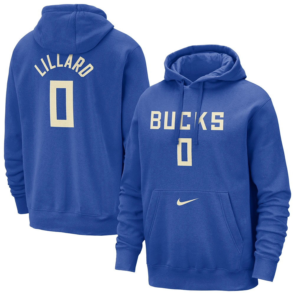 Men's Nike Damian Lillard Royal Milwaukee Bucks 2024/25 City Edition Name & Number Pullover Hoodie