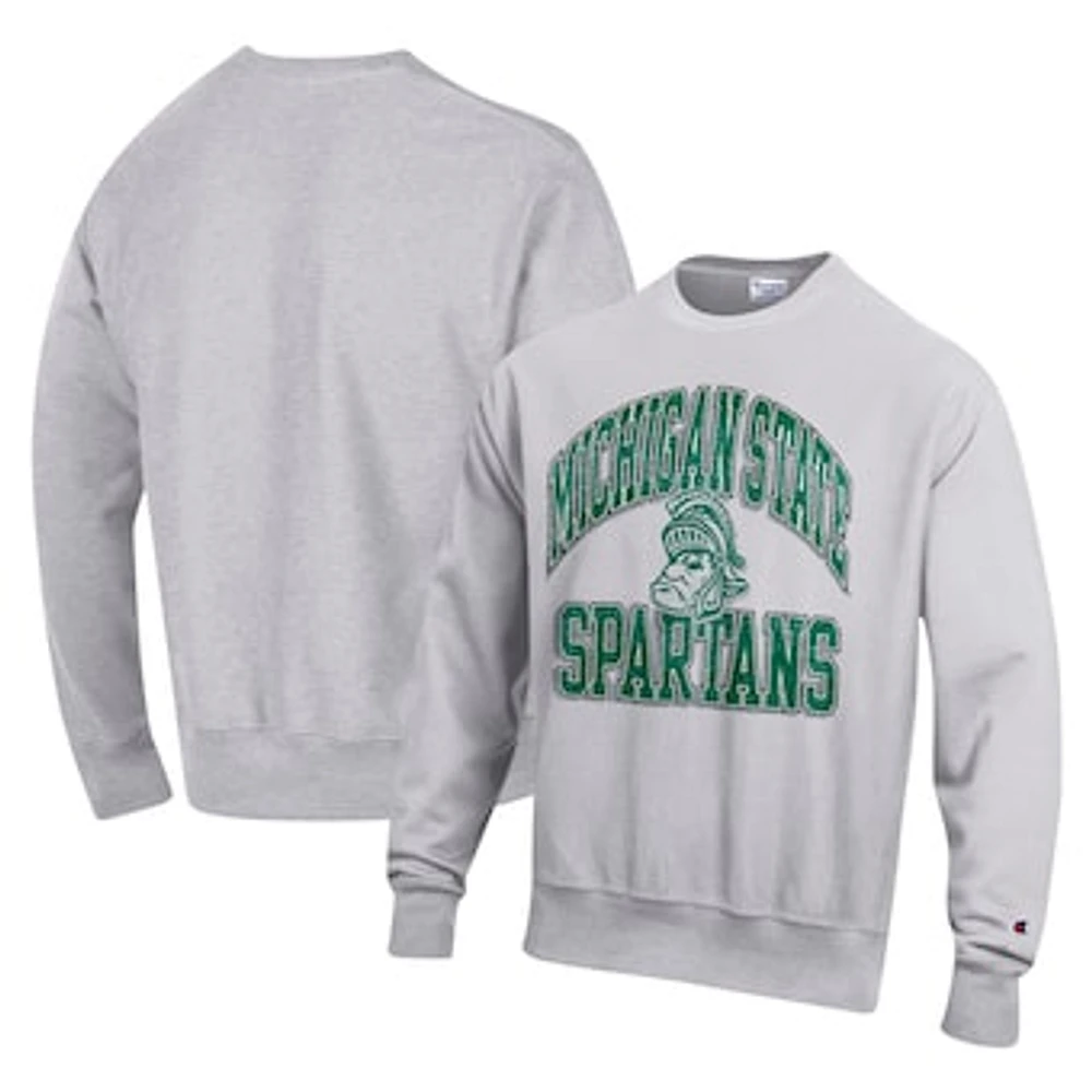 Men's Champion Heather Gray Michigan State Spartans Vault Late Night Reverse Weave Pullover Sweatshirt