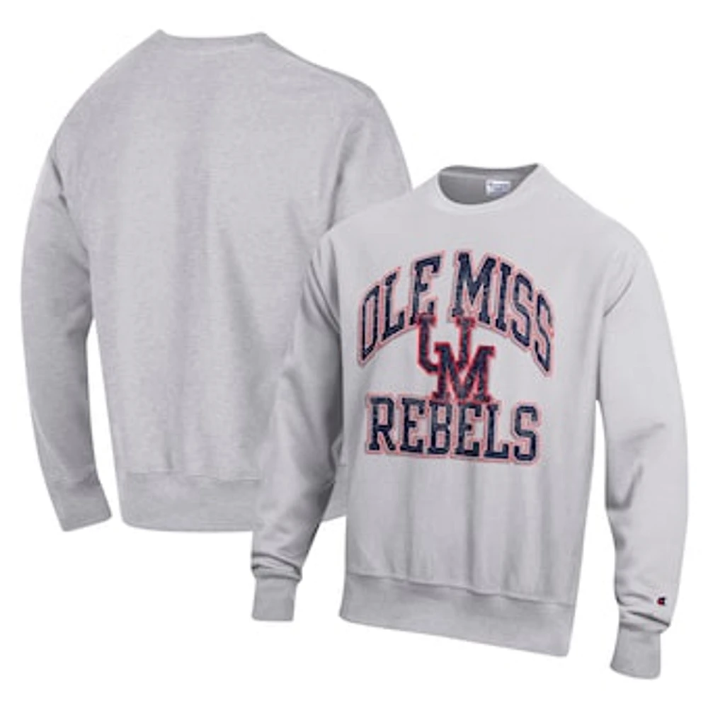 Men's Champion Heather Gray Ole Miss Rebels Vault Late Night Reverse Weave Pullover Sweatshirt