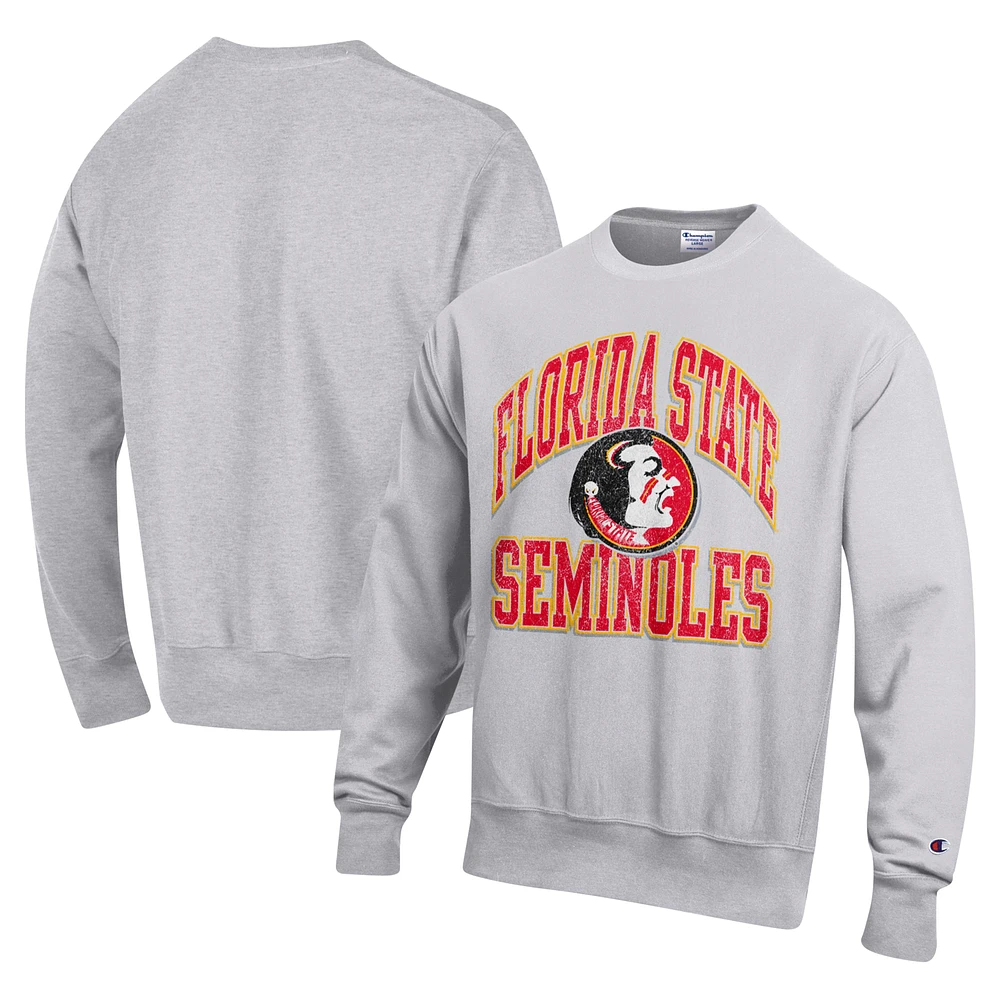 Men's Champion Heather Gray Florida State Seminoles Vault Late Night Reverse Weave Pullover Sweatshirt