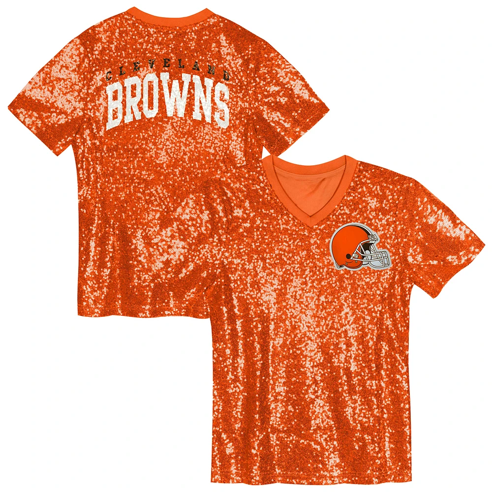 Youth  Brown Cleveland Browns Wordmark Sequin V-Neck Top