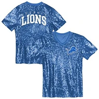 Youth  Blue Detroit Lions Wordmark Sequin V-Neck Top