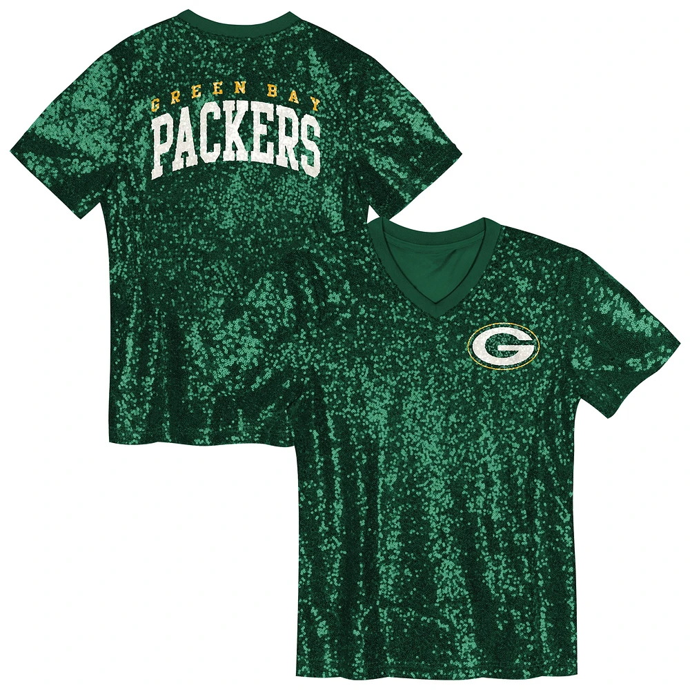 Girls Youth Green Bay Packers Wordmark Sequin V-Neck Top