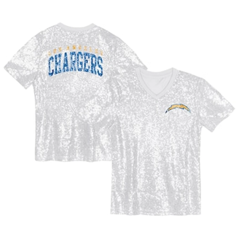 Girls Youth White Los Angeles Chargers Wordmark Sequin V-Neck Top