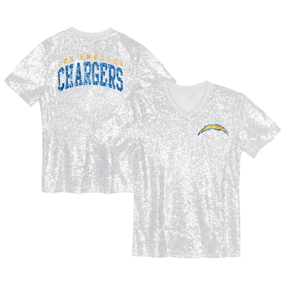 Girls Youth White Los Angeles Chargers Wordmark Sequin V-Neck Top