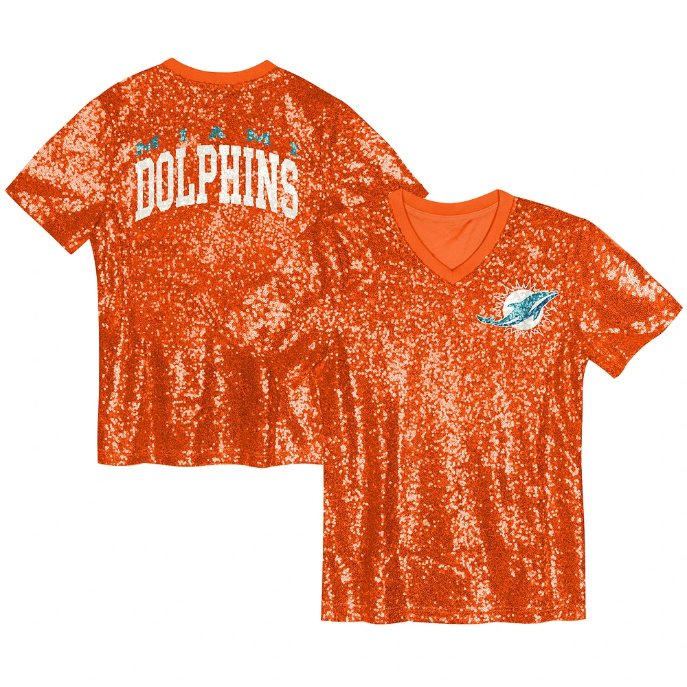 Girls Youth Orange Miami Dolphins Wordmark Sequin V-Neck Top