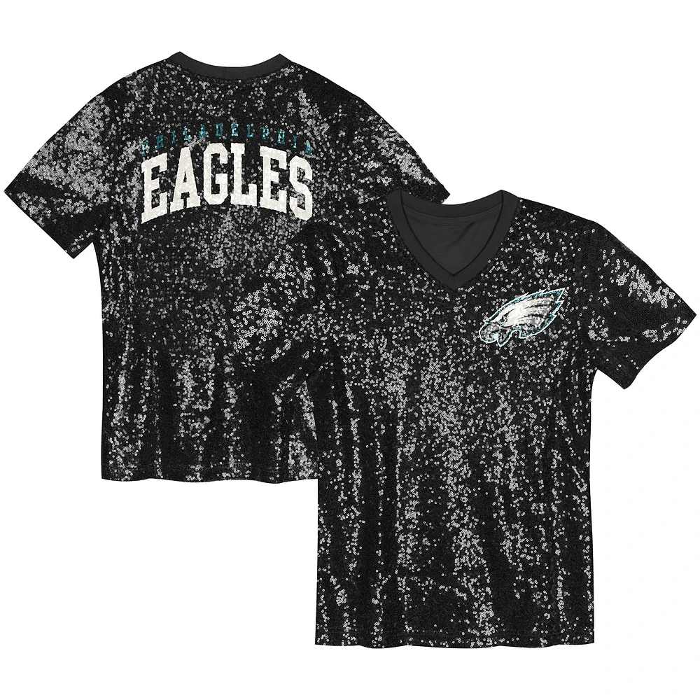 Girls Youth Black Philadelphia Eagles Wordmark Sequin V-Neck Top