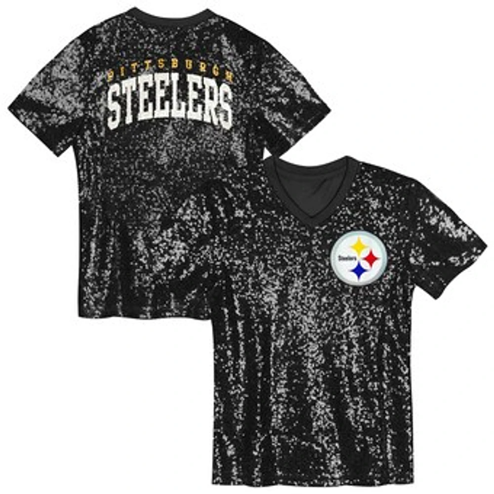 Youth  Black Pittsburgh Steelers Wordmark Sequin V-Neck Top