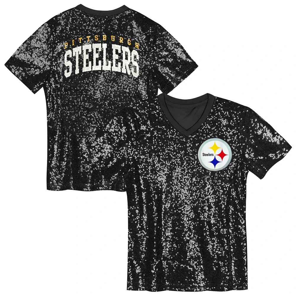 Youth  Black Pittsburgh Steelers Wordmark Sequin V-Neck Top