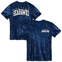 Girls Youth College Navy Seattle Seahawks Wordmark Sequin V-Neck Top