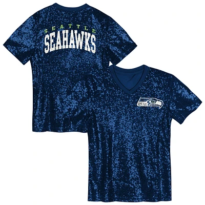 Girls Youth College Navy Seattle Seahawks Wordmark Sequin V-Neck Top