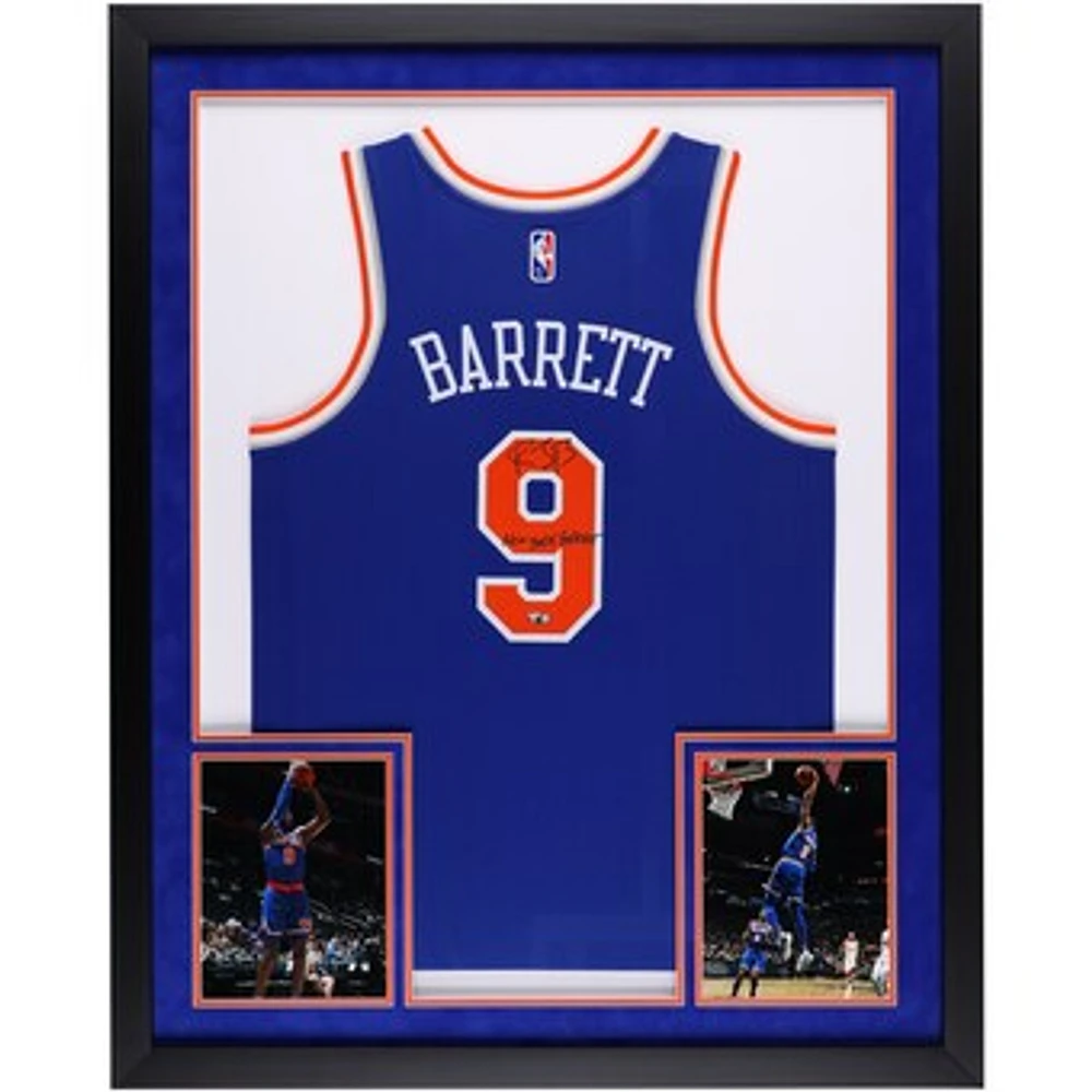 RJ Barrett New York Knicks Autographed SM Deluxe Framed Blue Nike Diamond Edition Swingman Jersey with "New York Forever" Inscription